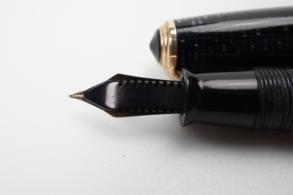 A Parker Long Major Vacumatic in rare blue pearl fitted with 14ct. gold Vacumatic nib